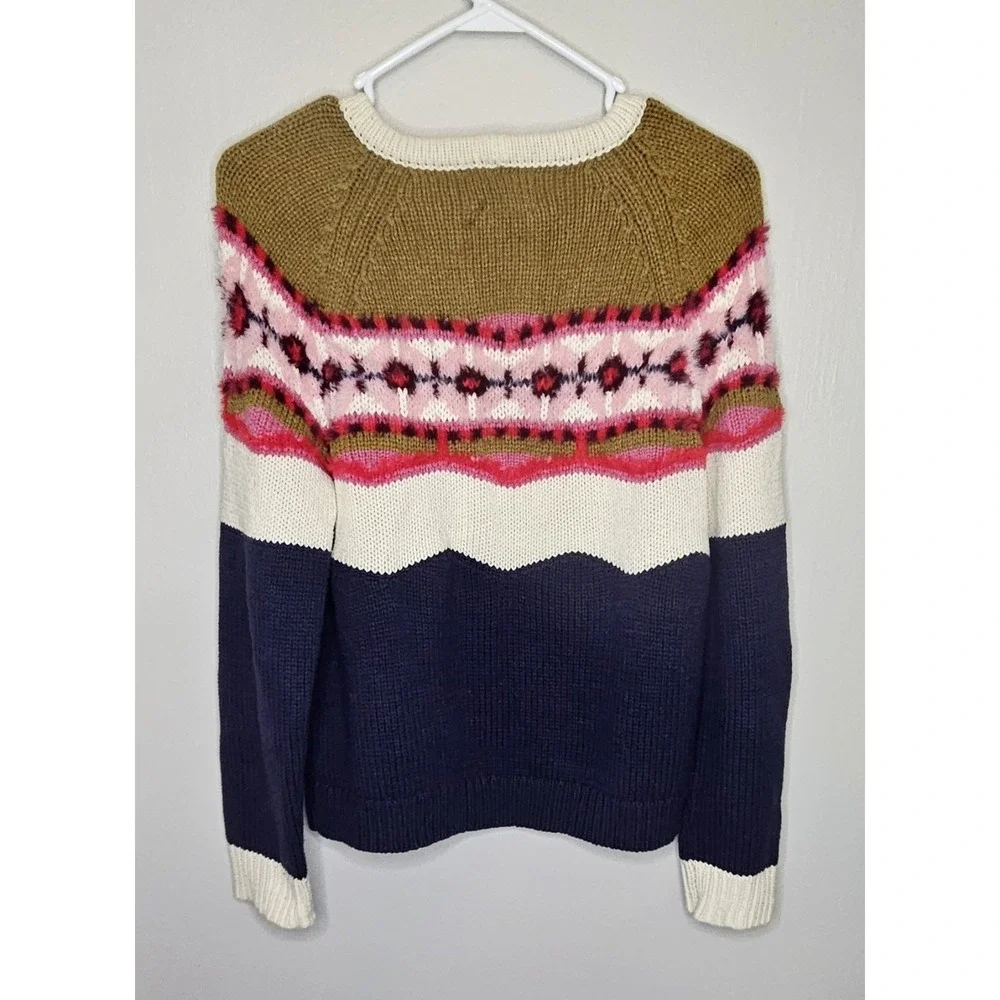 Anthropologie Field And Flower Wool Blend Navy‎ Pink Sweater Women's Size Medium